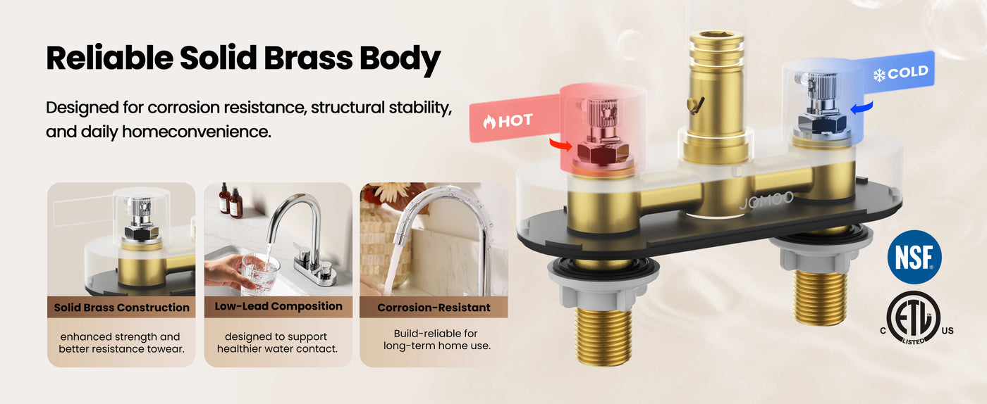The Reliable Solid Brass Body of JOMOO Two Handle Bathroom Faucet is designed for corrosion resistance, structural stability, and daily homeconvenience (22079-775/1B-ID11)