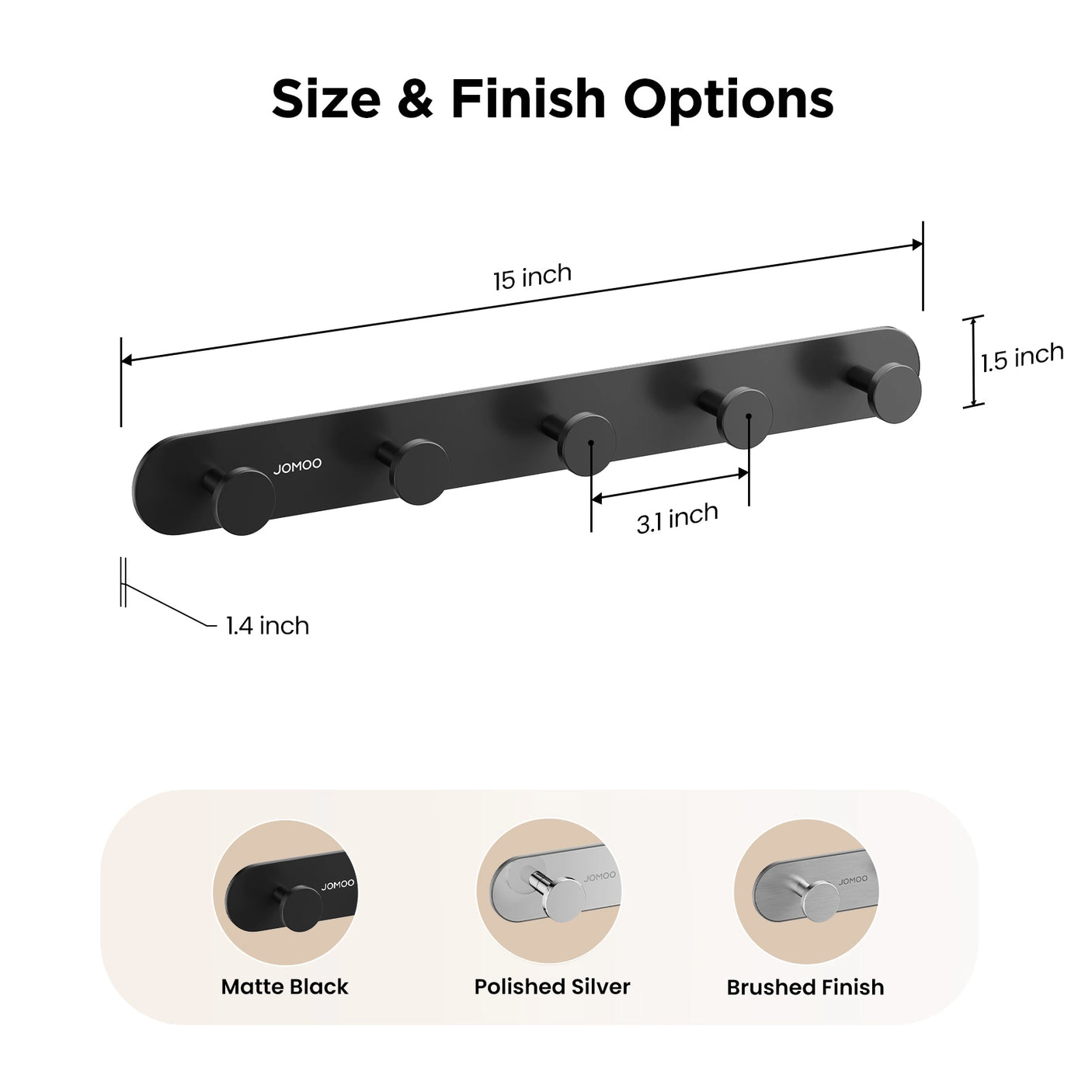 The Size of JOMOO 2 Pack Heavy Duty Adhesive Wall Hooks, Matte Black (P9352G5-P1G-ID11) 