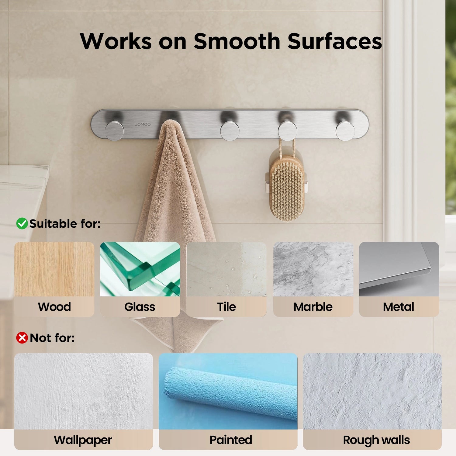 The Smooth Surfaces of JOMOO 2 Pack Heavy Duty Adhesive Wall Hooks, Brushed Nickel (P9352G5-7CG-ID11) 