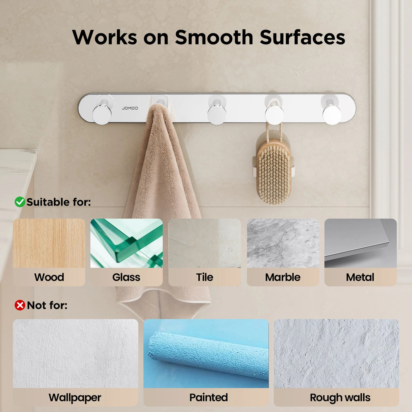 The Smooth Surfaces of JOMOO 2 Pack Heavy Duty Adhesive Wall Hooks, Chrome (P9352G5-ABG1-ID11) 