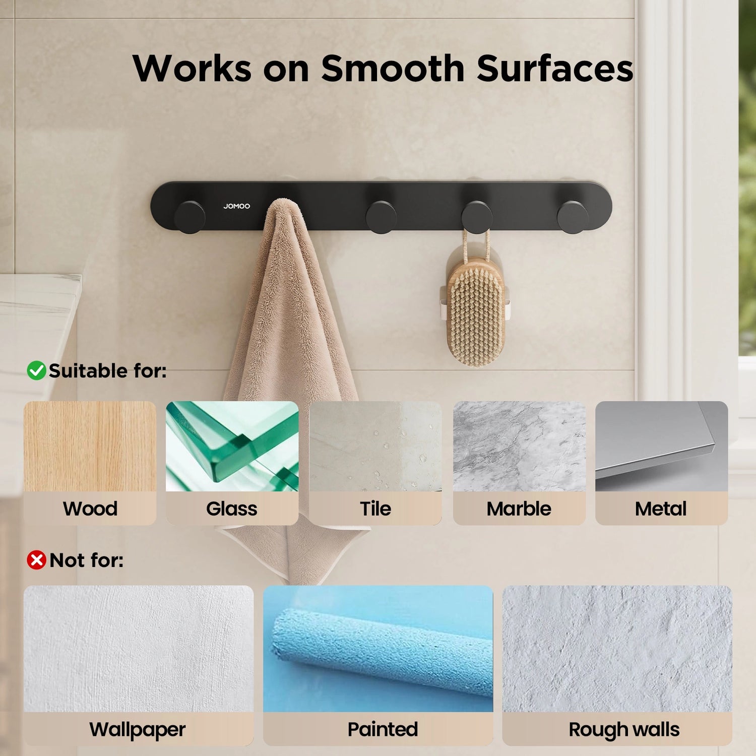 The Smooth Surfaces of JOMOO 2 Pack Heavy Duty Adhesive Wall Hooks, Matte Black (P9352G5-P1G-ID11) 