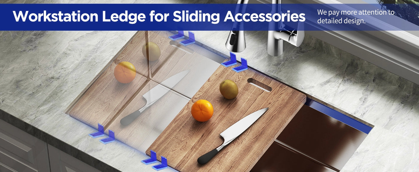  Explore the JOMOO workstation sink with a sliding ledge for easy accessory use. Designed for convenience, it allows quick transitions between cutting boards and drying racks. Ideal for modern kitchens, this detailed design enhances functionality and efficiency.