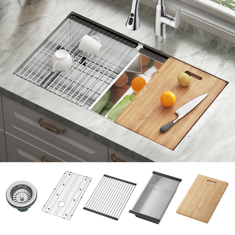 Accessories include: drainer, metal mesh, drain rack, container, cutting board